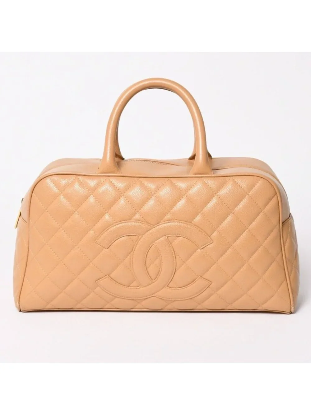 Chanel Quilted Handbag Mini Boston Shape Bag CC Logo Caviar Leather Beige